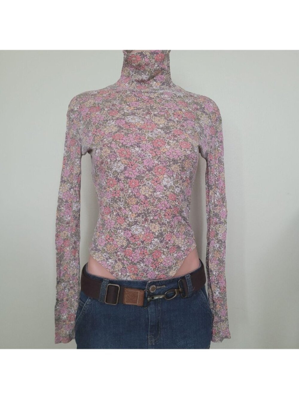 H&amp;m Fairycore Coquette Cotton Mock Neck Floral Bodycon Bodysuit (S)